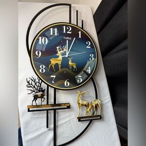 Gold & Blue Pendulums Wall Clock W/Rustic Deer Accents 29 in x 15 in- NIB